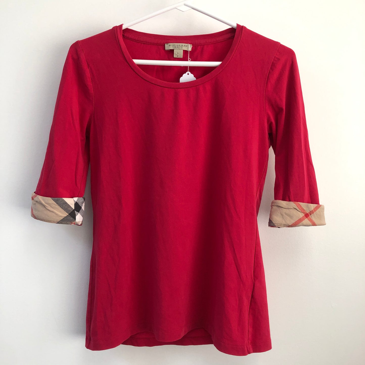 Burberry Classic Check Cuff Red Jersey Half Sleeve Top Size S