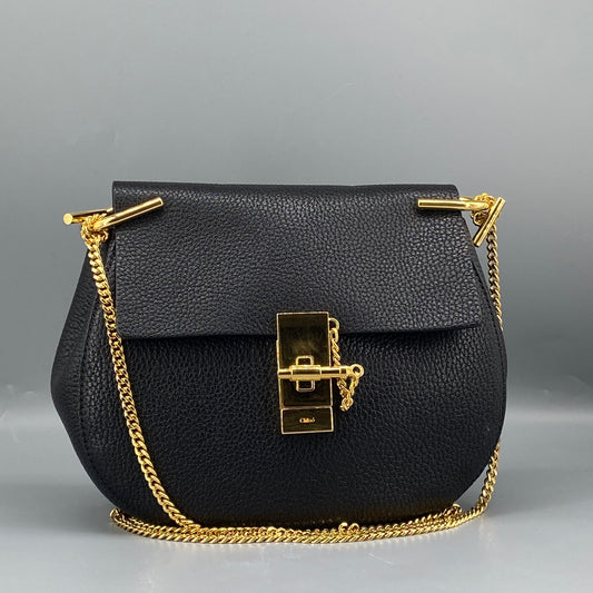 Chloe Black Grained Drew Leather Saddle Shoulder Bag