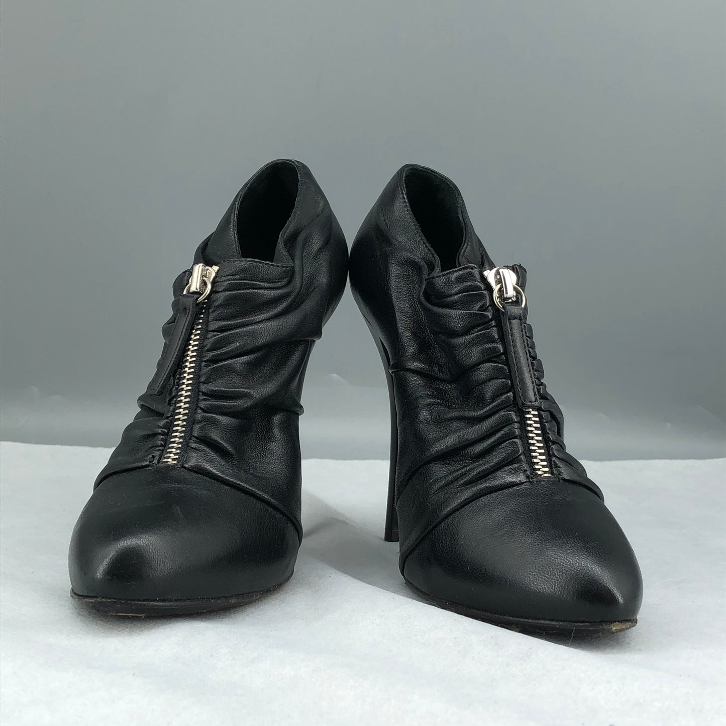 Giuseppe Zanotti Black Ruched Leather Front Zip Pointed Stiletto Pumps 36