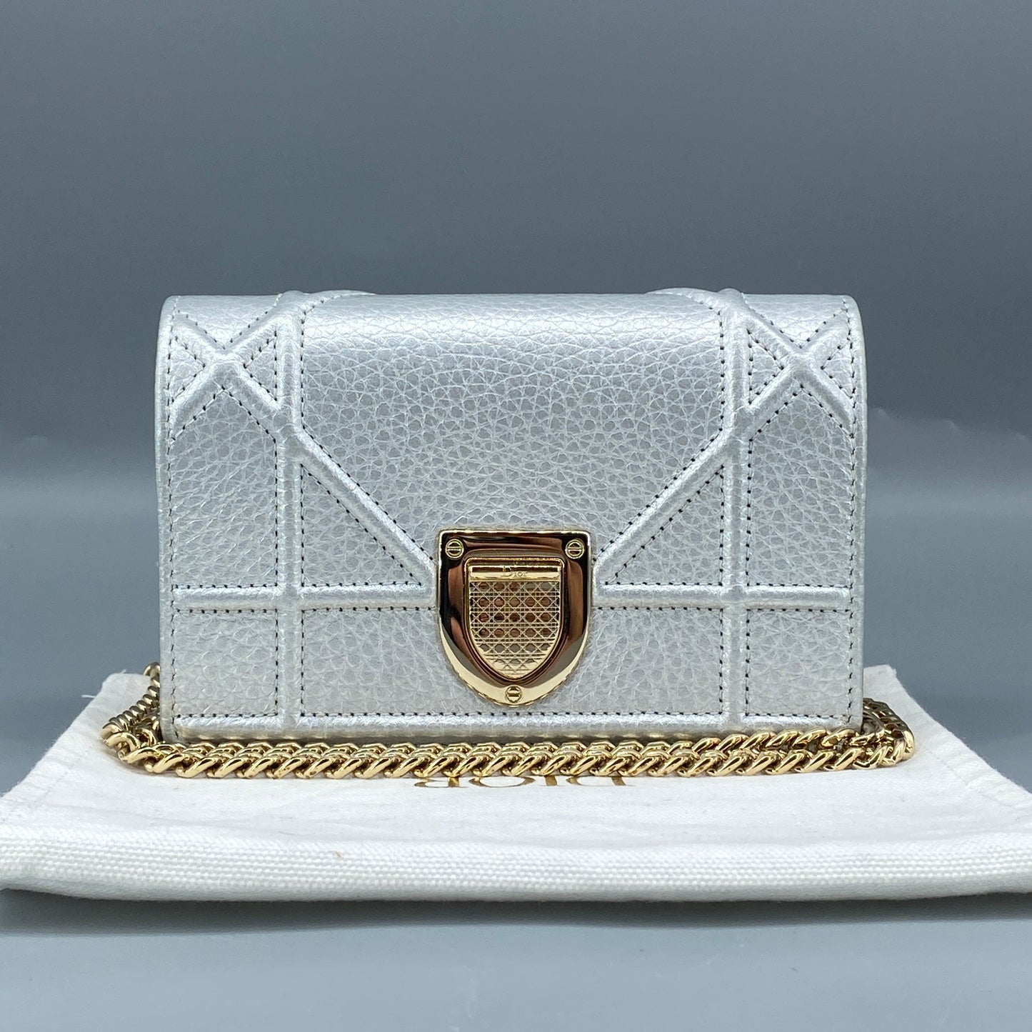 Christian Dior Mini Silver Metallic Pebbled Leather Shield Logo WOC Crossbody Bag