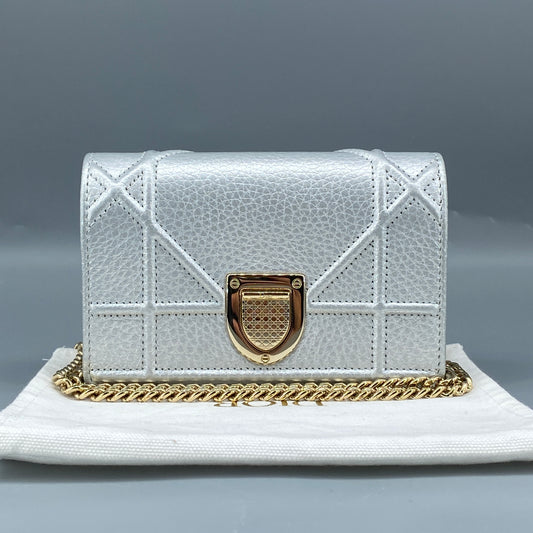 Christian Dior Mini Silver Metallic Pebbled Leather Shield Logo WOC Crossbody Bag