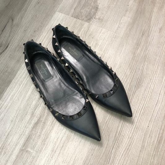 Valentino Rockstud Black Leather Pointed Toe Flat Shoes Size 37.5