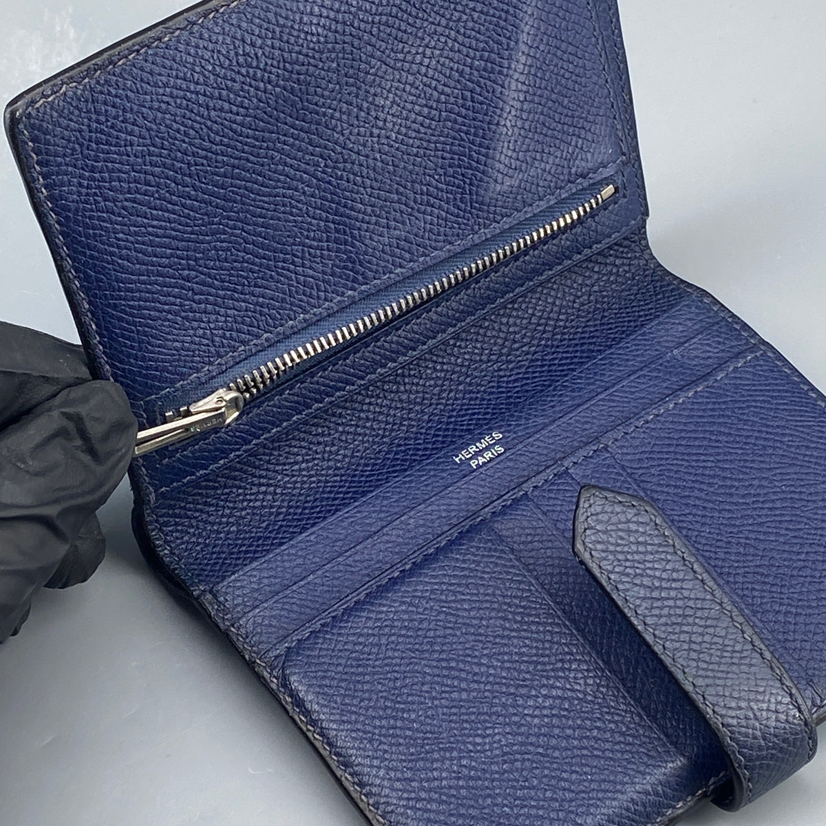 Hermes Bearn Compact Wallet Light Blue & Navy Leather