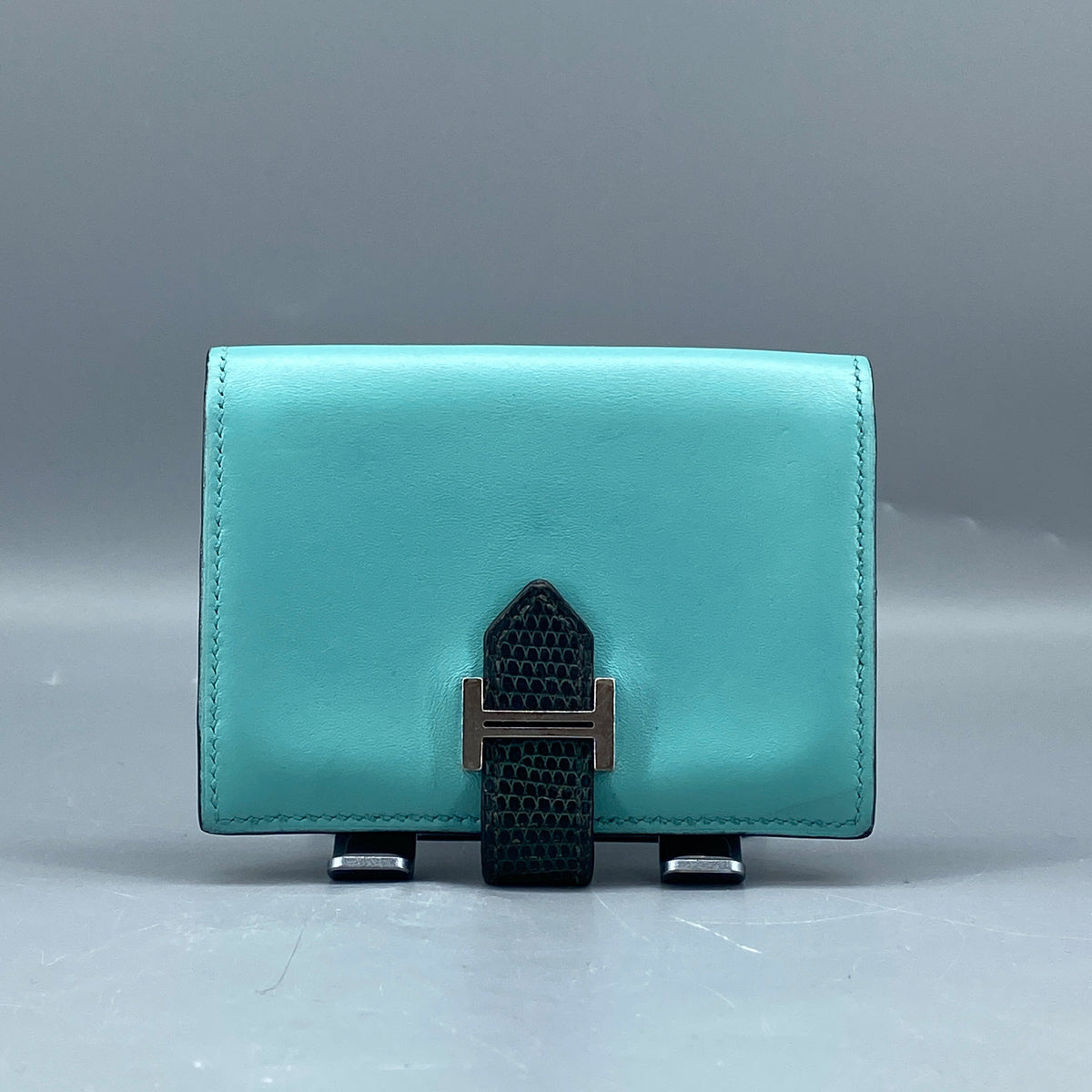 Hermes Bearn Compact card holder Tiffany Blue with Lizard leather strap