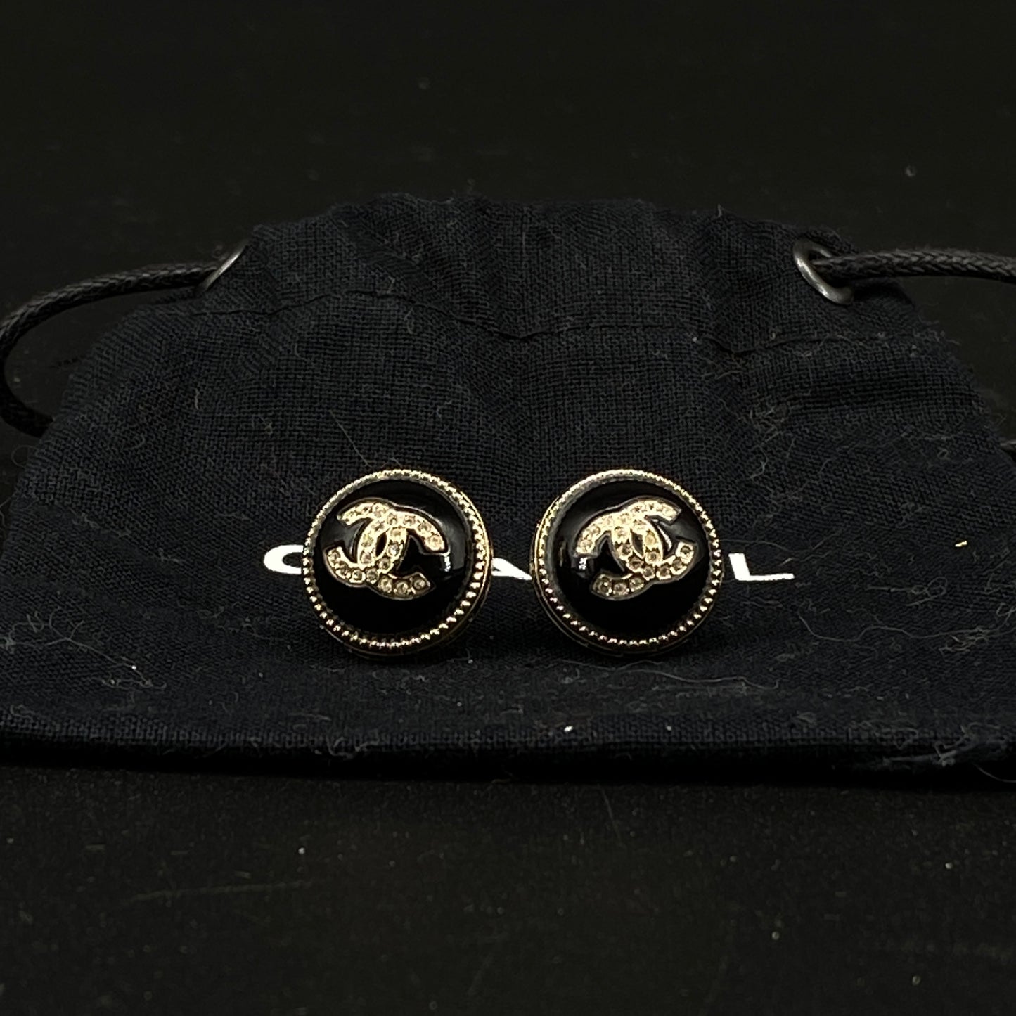 Chanel Black Enamel Gold Border Double C Round Stud Earrings