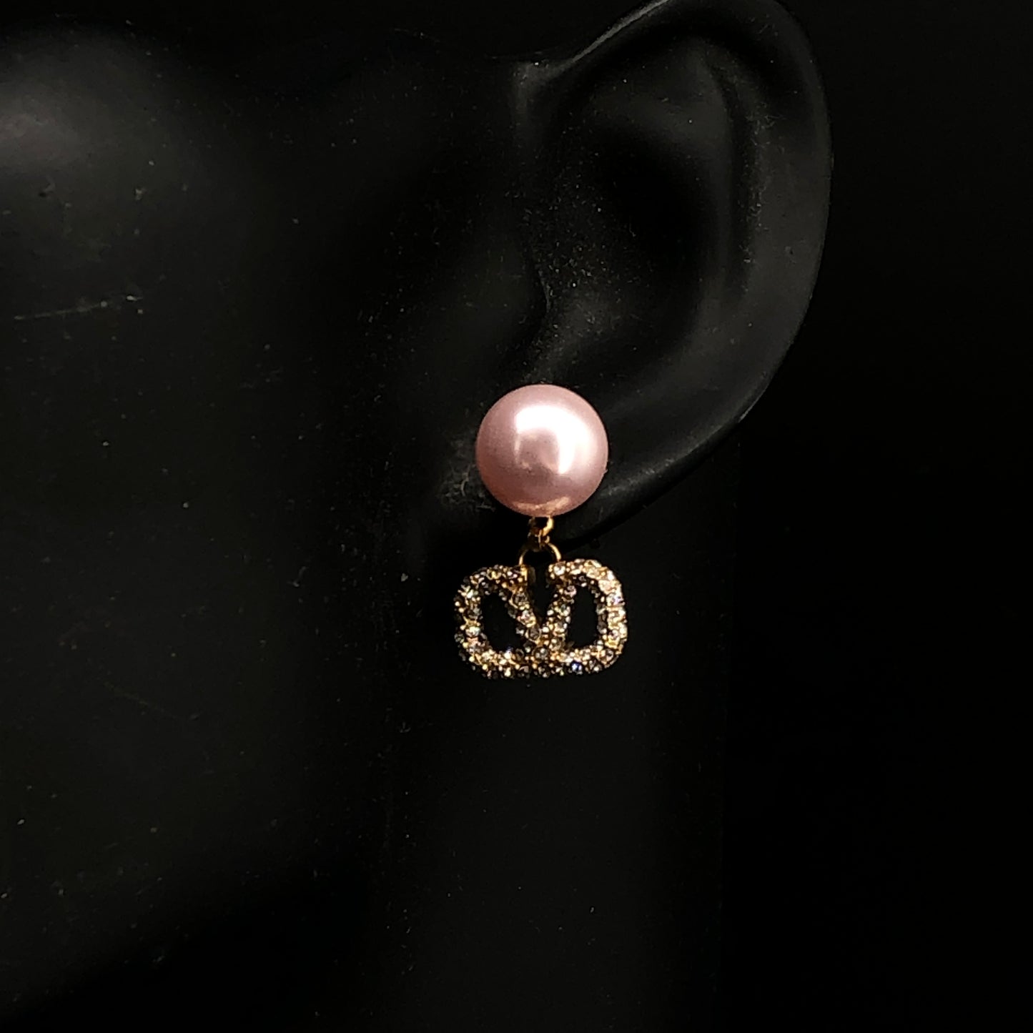 Valentino V Logo Crystal Pink Pearl Drop Stud Earrings Gold Tone