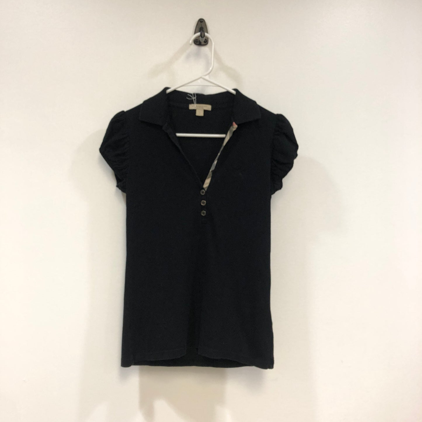Burberry Horse Embroidery Ruched Sleeve Zip Polo T-Shirt Size S Black