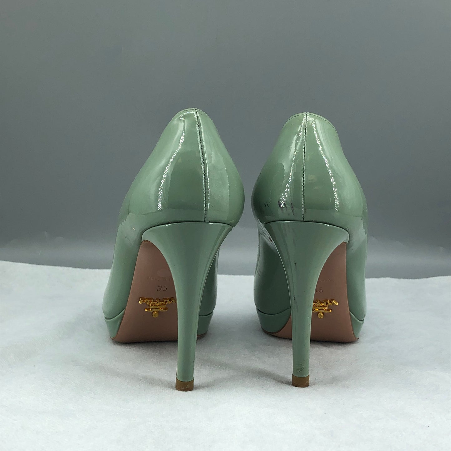Prada Mint Green Patent Leather Platform Pointed Toe High Heels 35