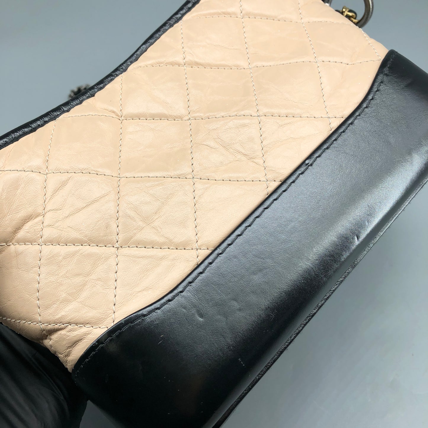 Chanel Aged Calfskin Quilted Small Gabrielle Hobo Beige Black