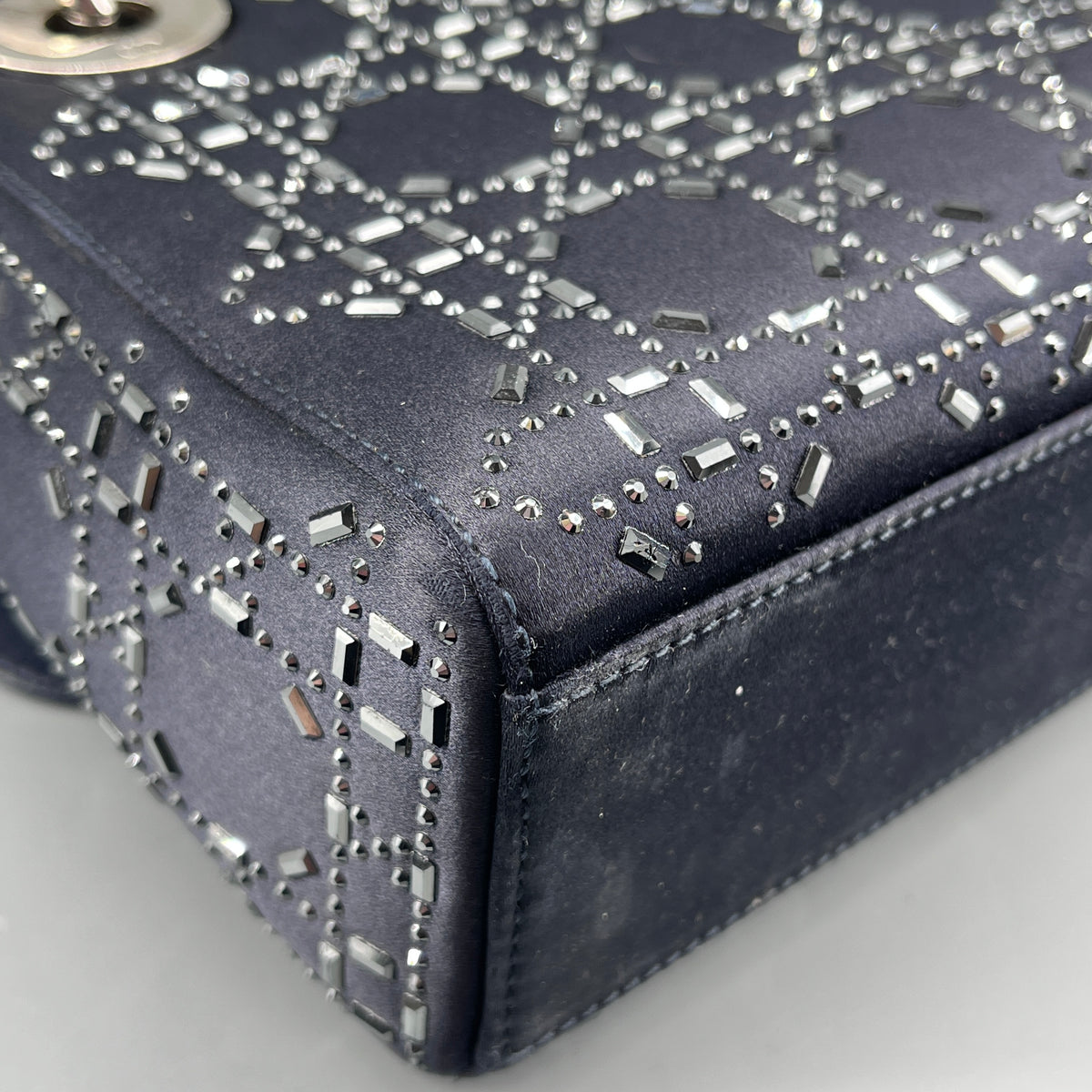 Christian Dior Navy Blue Satin Beaded Lady Dior Handbag