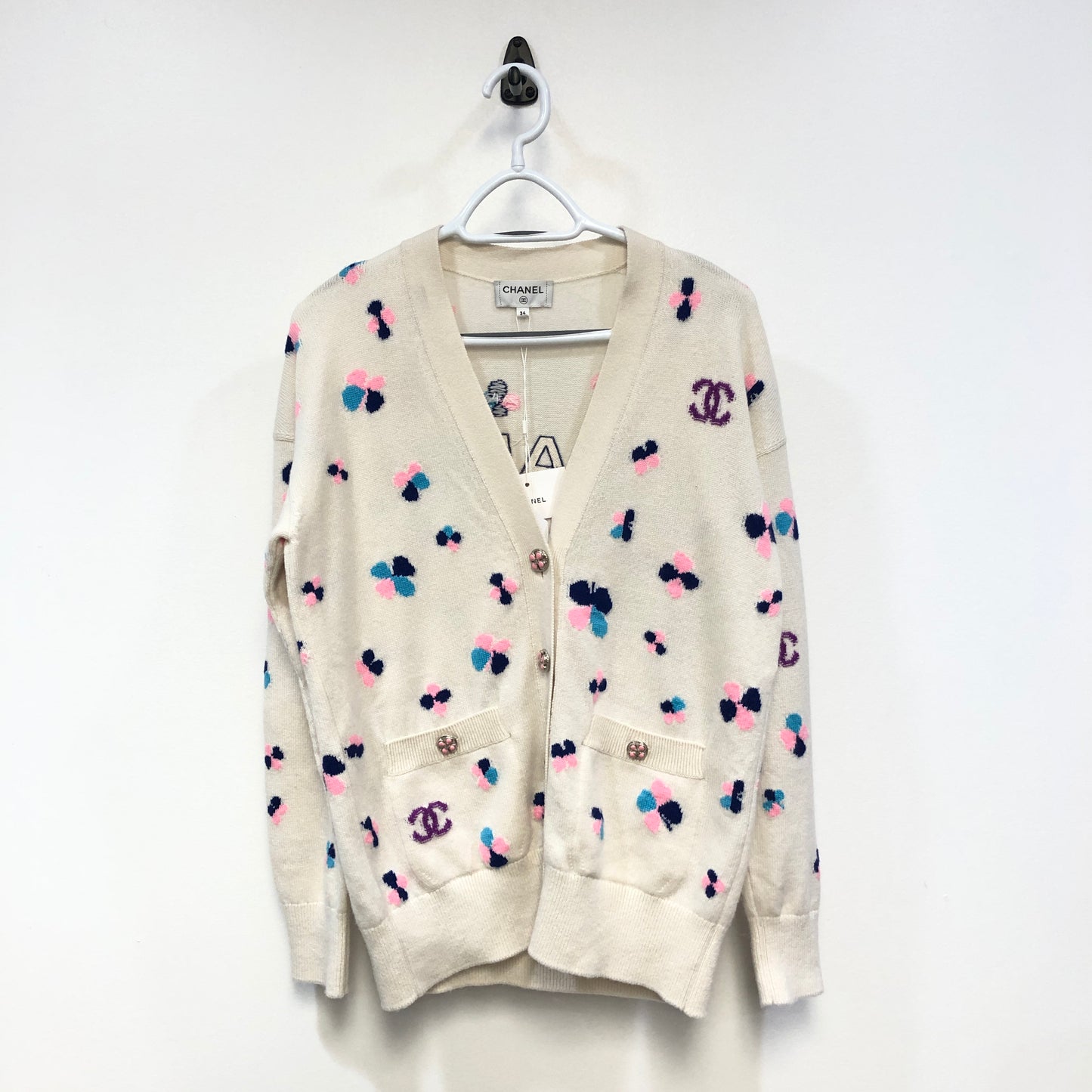 Chanel White Cashmere V-Neck Cardigan Multicolor Polka Dot Print Size 34