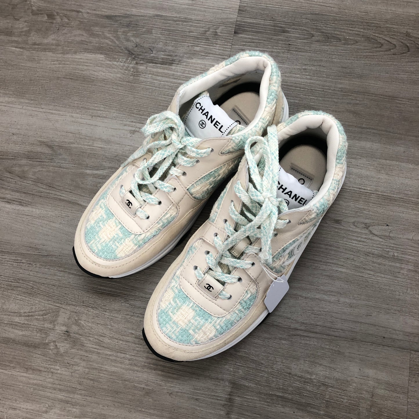 Chanel Women's Quilted Tweed CC Logo Low Top Sneakers 36.5 White Light Blue Two-Tone