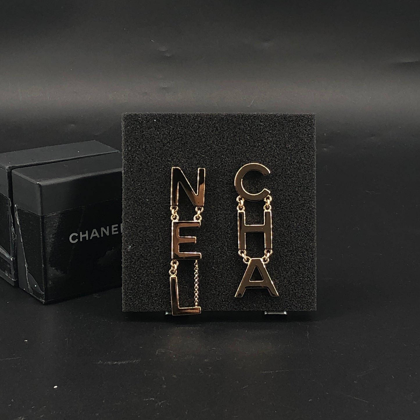Chanel 2020 Letter Cutout Gold Tone Drop Earrings