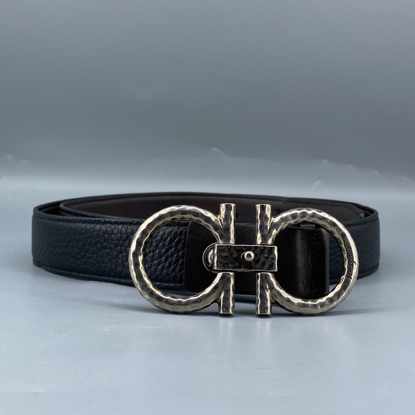 Ferragamo Black Leather Double Gancini Buckle Belt 95cm