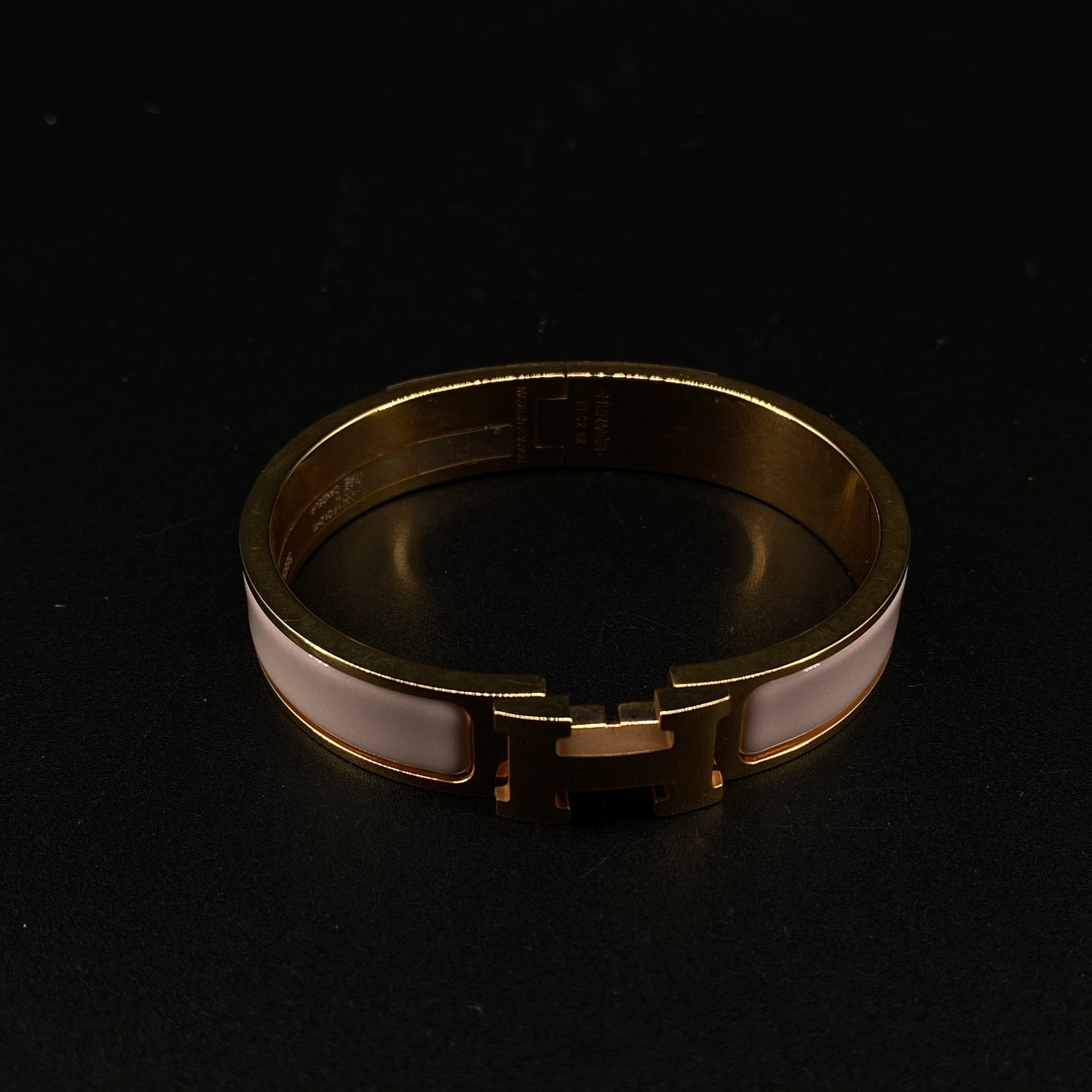 Hermes Blush Pink Enamel Gold H Buckle Bangle Bracelet