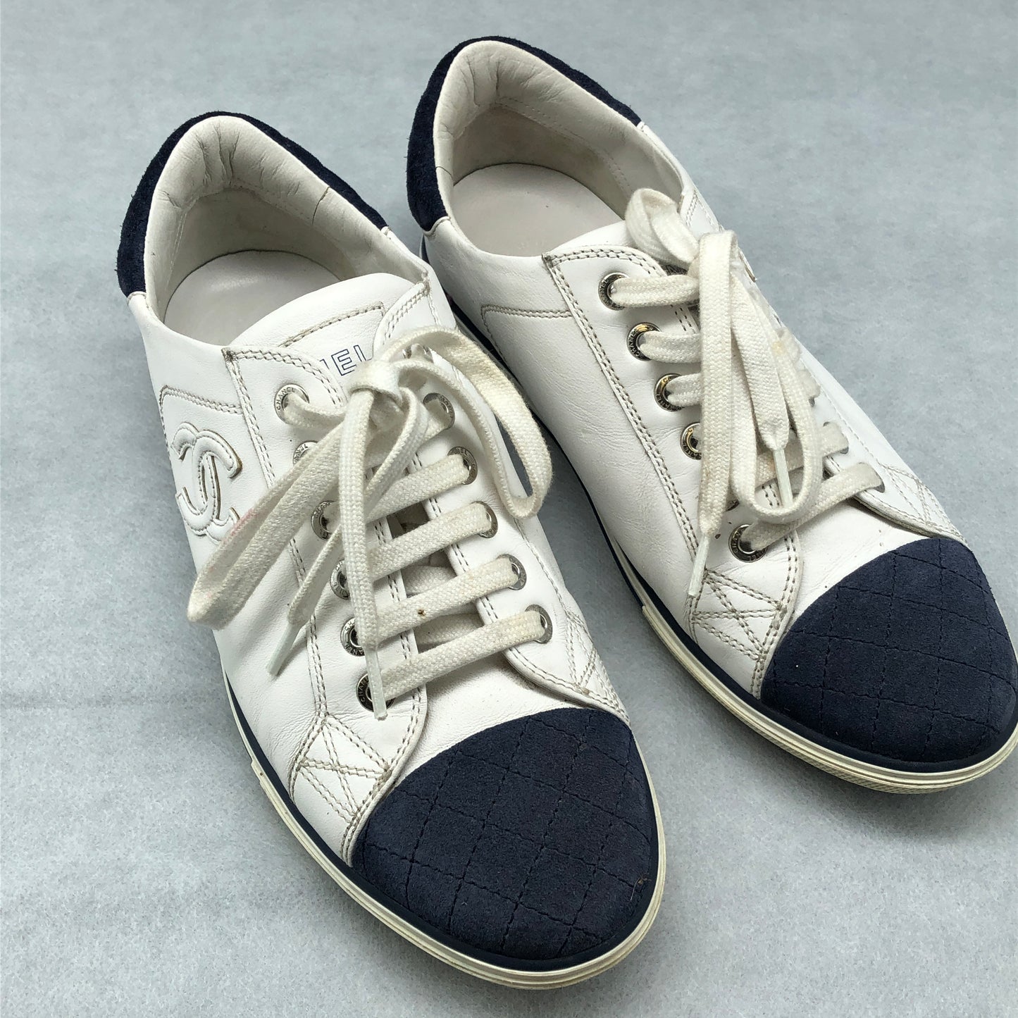 Chanel Women's White & Dark Blue Cap-Toe Sneakers shoes 36.5