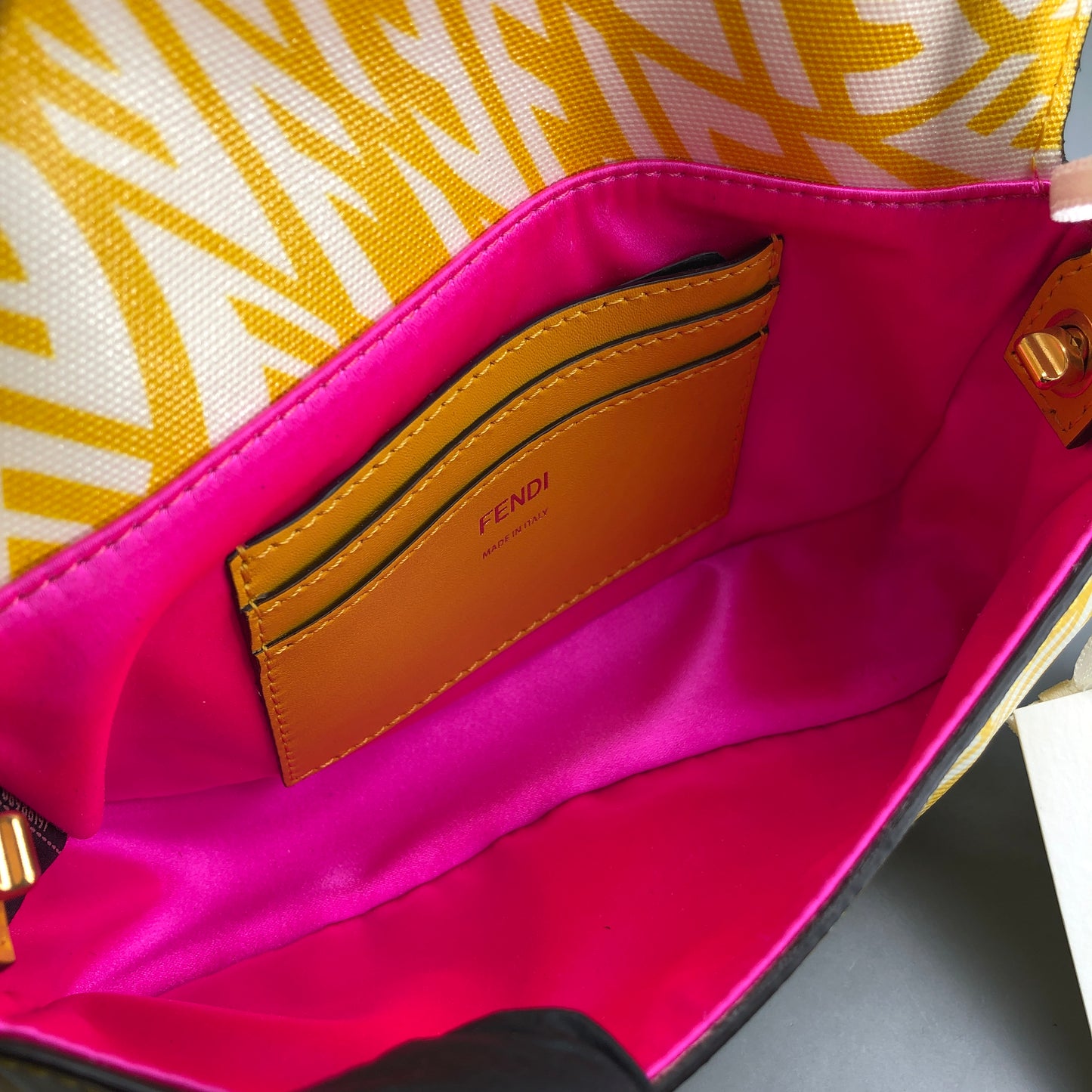 Fendi FF Vertigo Print Leather Baguette Shoulder Bag Yellow
