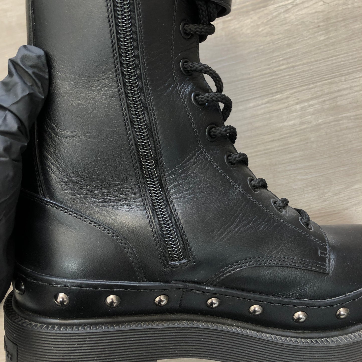 Christian Dior Black Smooth Calfskin Platform Combat Mid Calf Boots 36.5