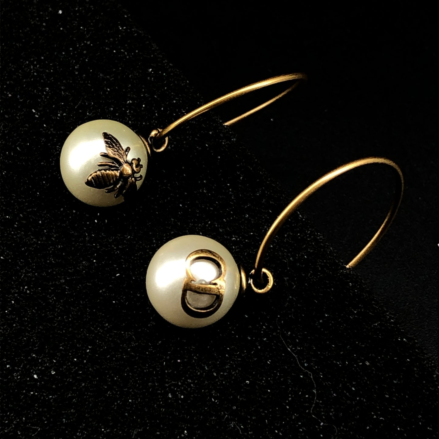 Christian Dior Gold Metal CD Logo Pearl Hoop Earrings