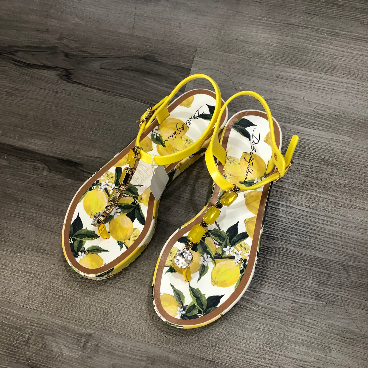 Dolce & Gabbana Women's Lemon Print Platform Ankle Strap Sandals Size 37 Yellow White Green