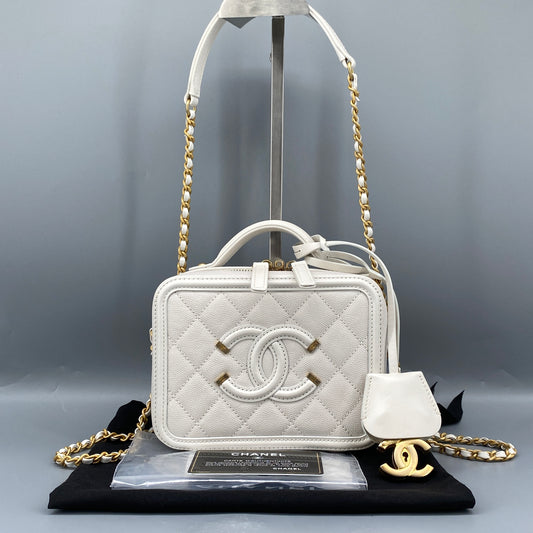 Chanel Caviar Quilted  CC Filigree Vanity Case White Crossbody Bag