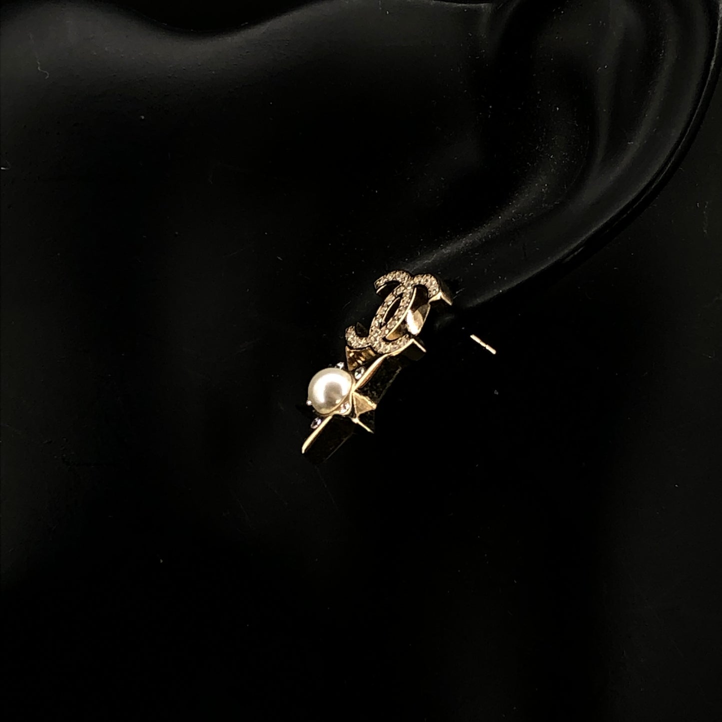 Chanel Crystal CC Logo Pearl Drop Earrings Gold Color
