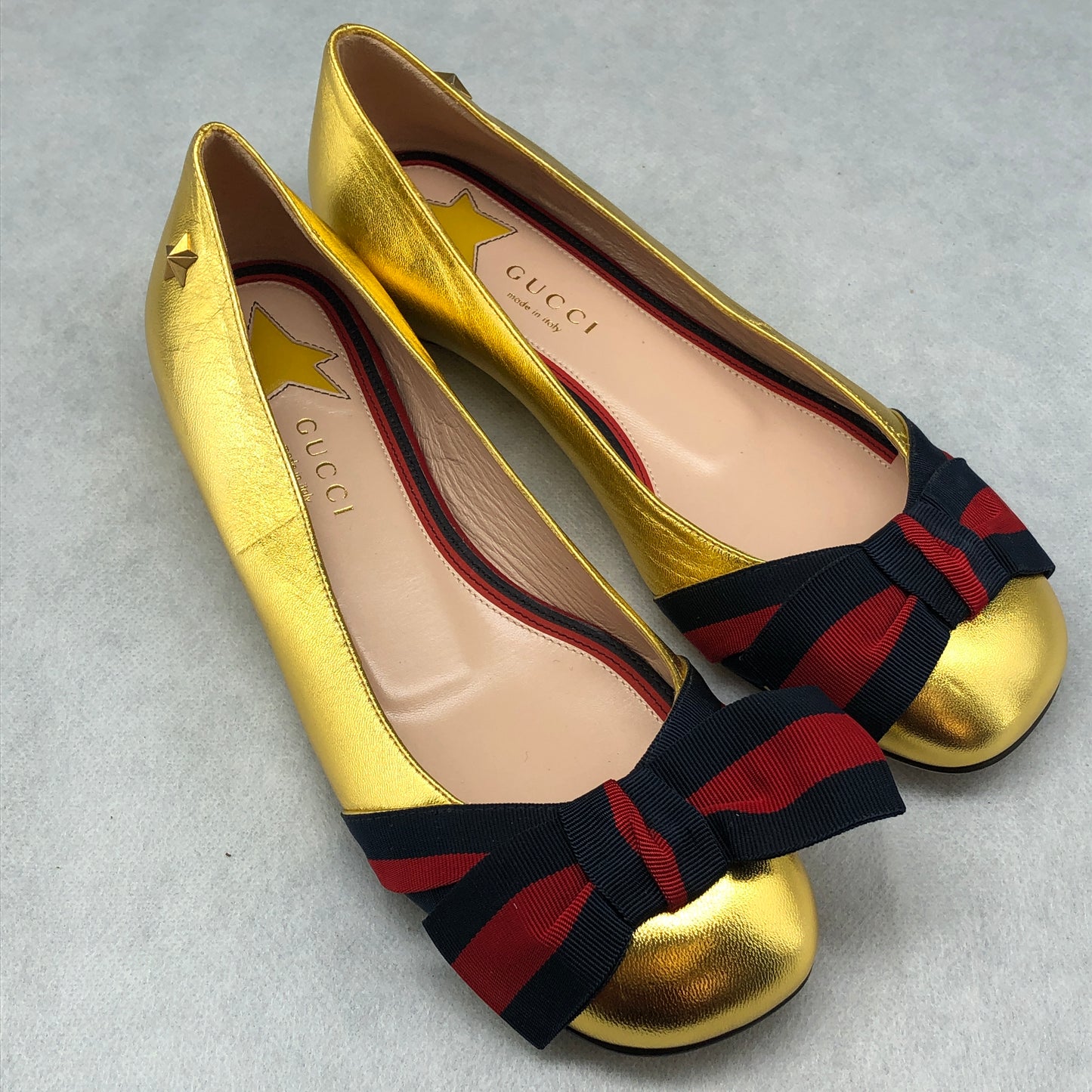 Gucci Women Ballet Flats Shoes Gold Web Bow Size 36