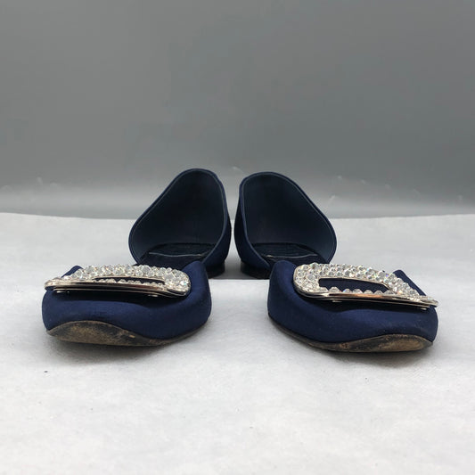 Roger Vivier Dark Blue Satin Crystal Buckle D'Orsay Flats Size 35.5 Women's shoes
