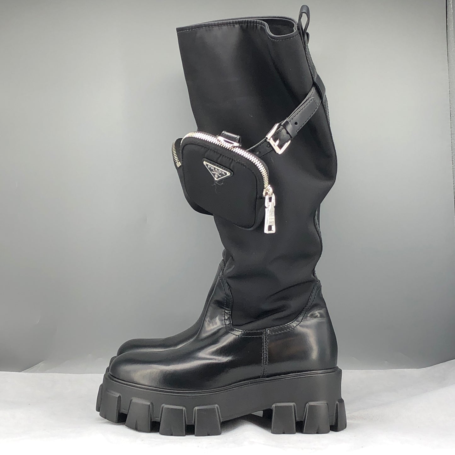 Prada Women‘s Re-Nylon Knee-High Lug Sole Boots Size 37 Black