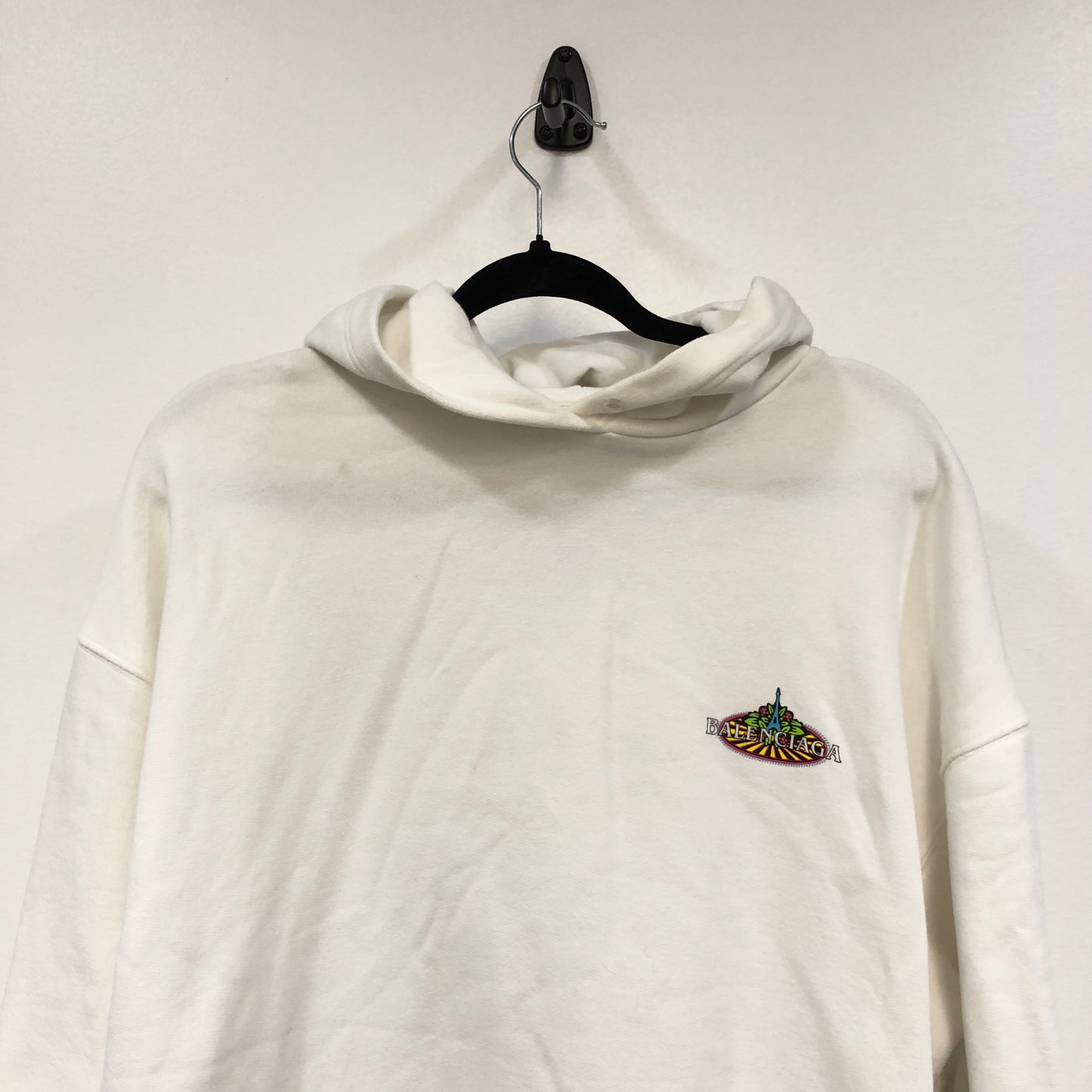 Balenciaga Eiffel Tower Bonjour Logo White Cotton Oversized Hoodie Size S