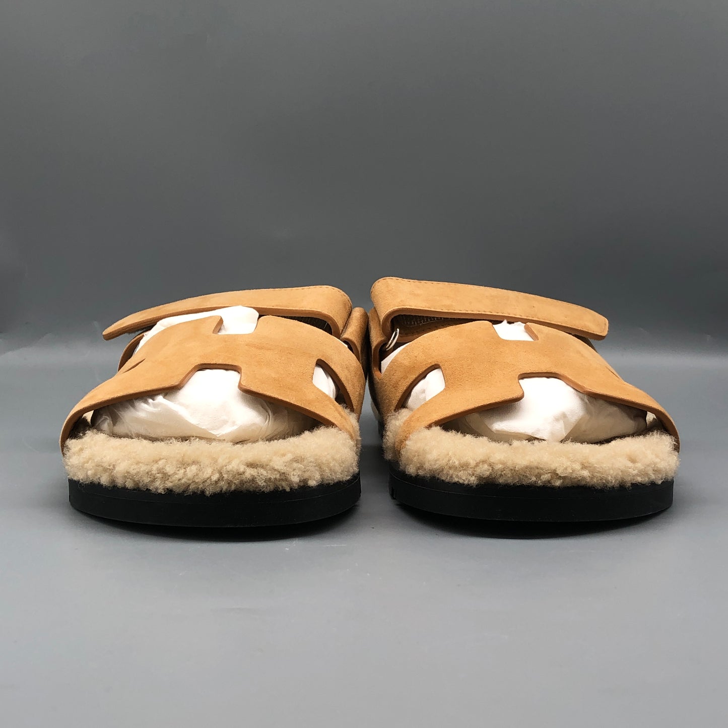 Hermes Tan Shearling H Slide Sandals Size 40 shoes