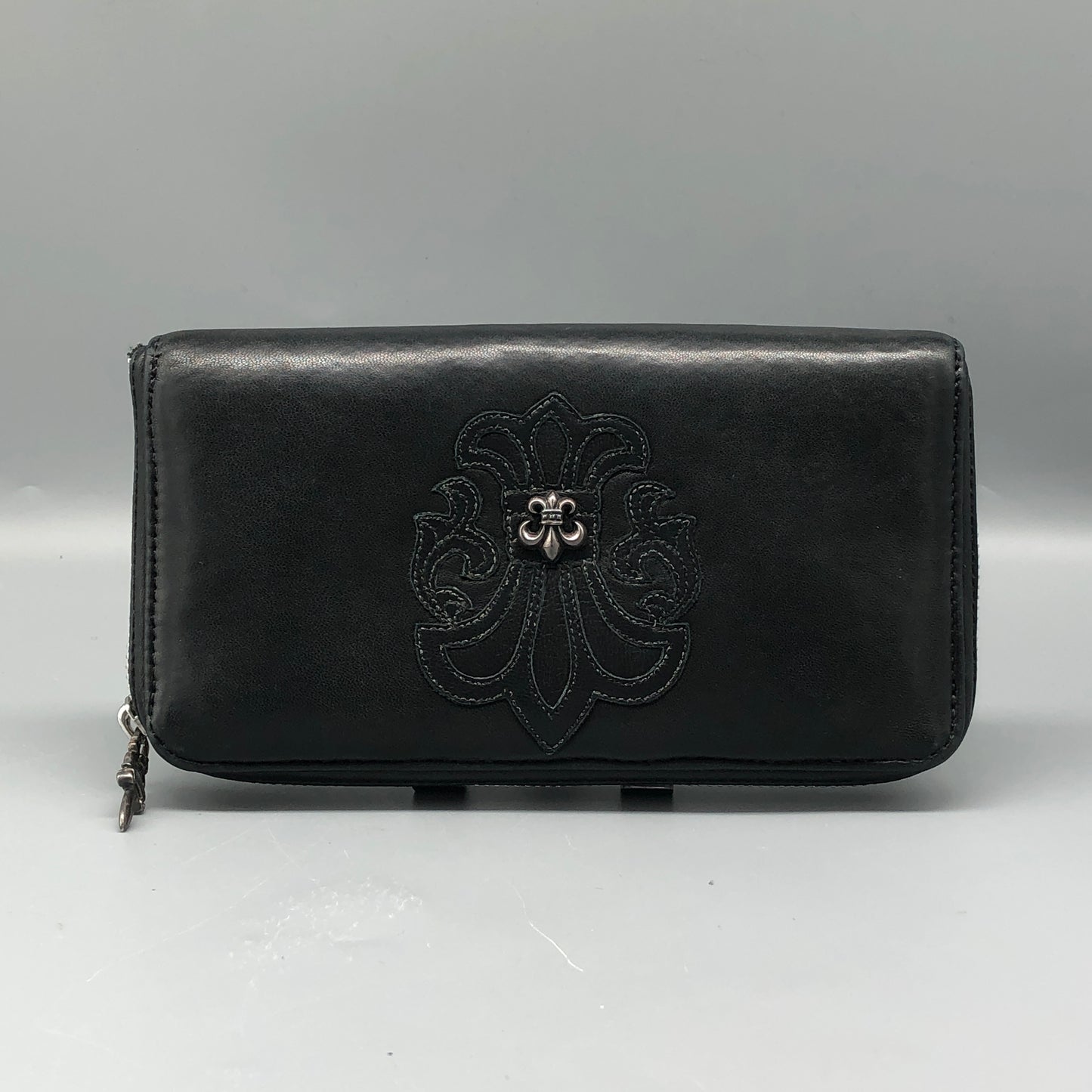 Chrome Hearts Black Leather Zip Around Long Wallet