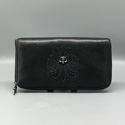 Chrome Hearts Black Leather Zip Around Long Wallet