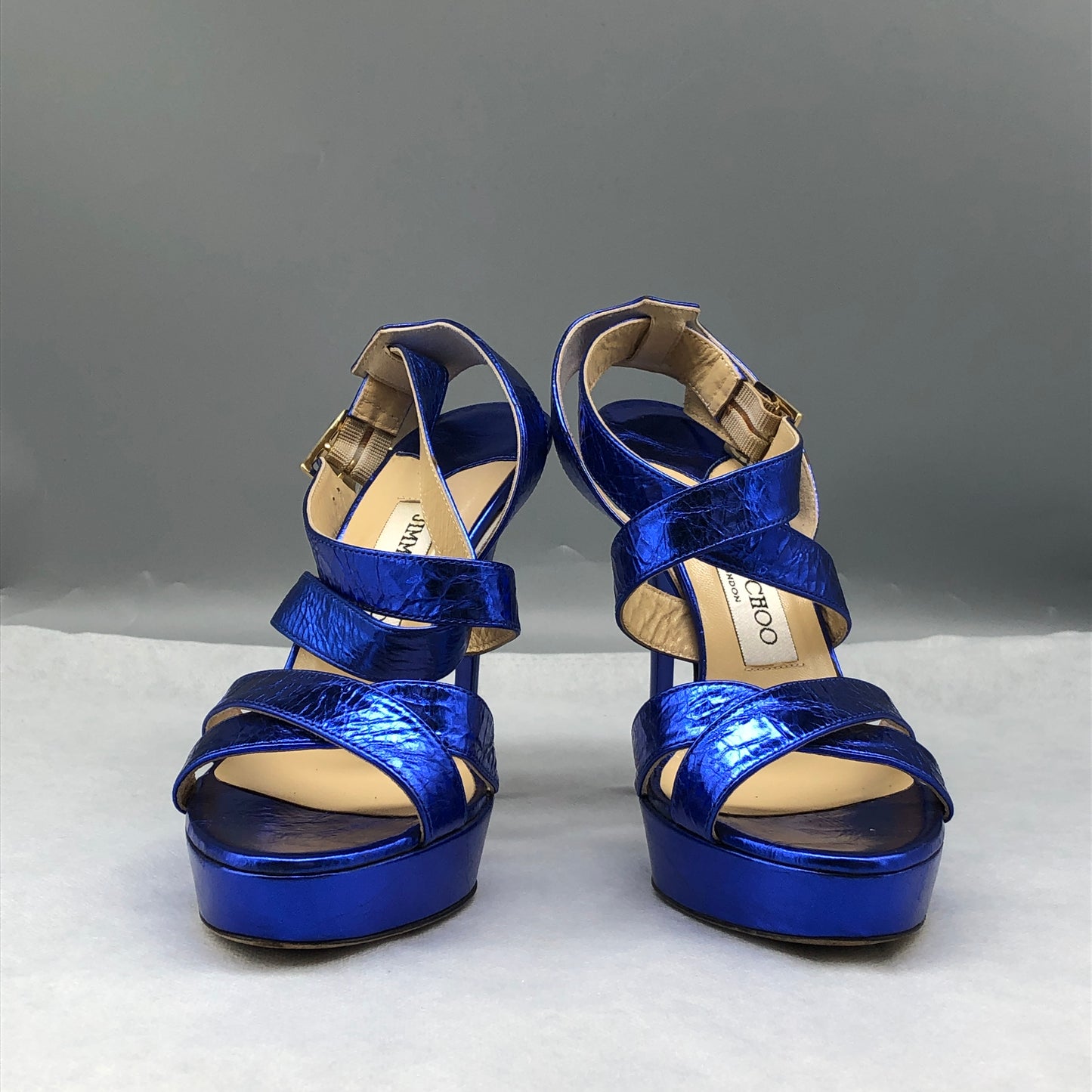 Jimmy Choo Women Metallic Blue Strappy Heels Size 36.5 Shoes