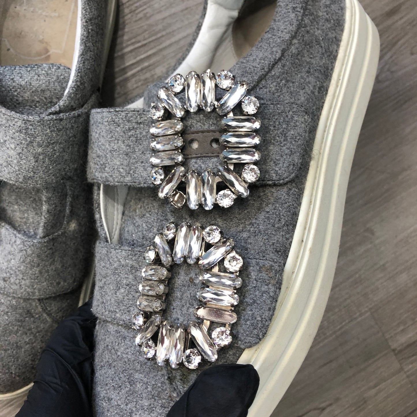 Roger Vivier Women's Grey Fabric Crystal Buckle Slip-On Sneakers shoes 36
