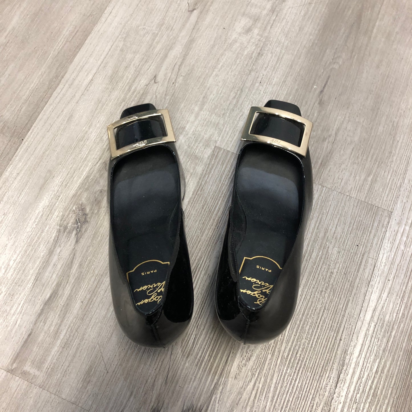 Roger Vivier Patent Leather Square Buckle Block Heel Pumps Shoes 36.5 Black