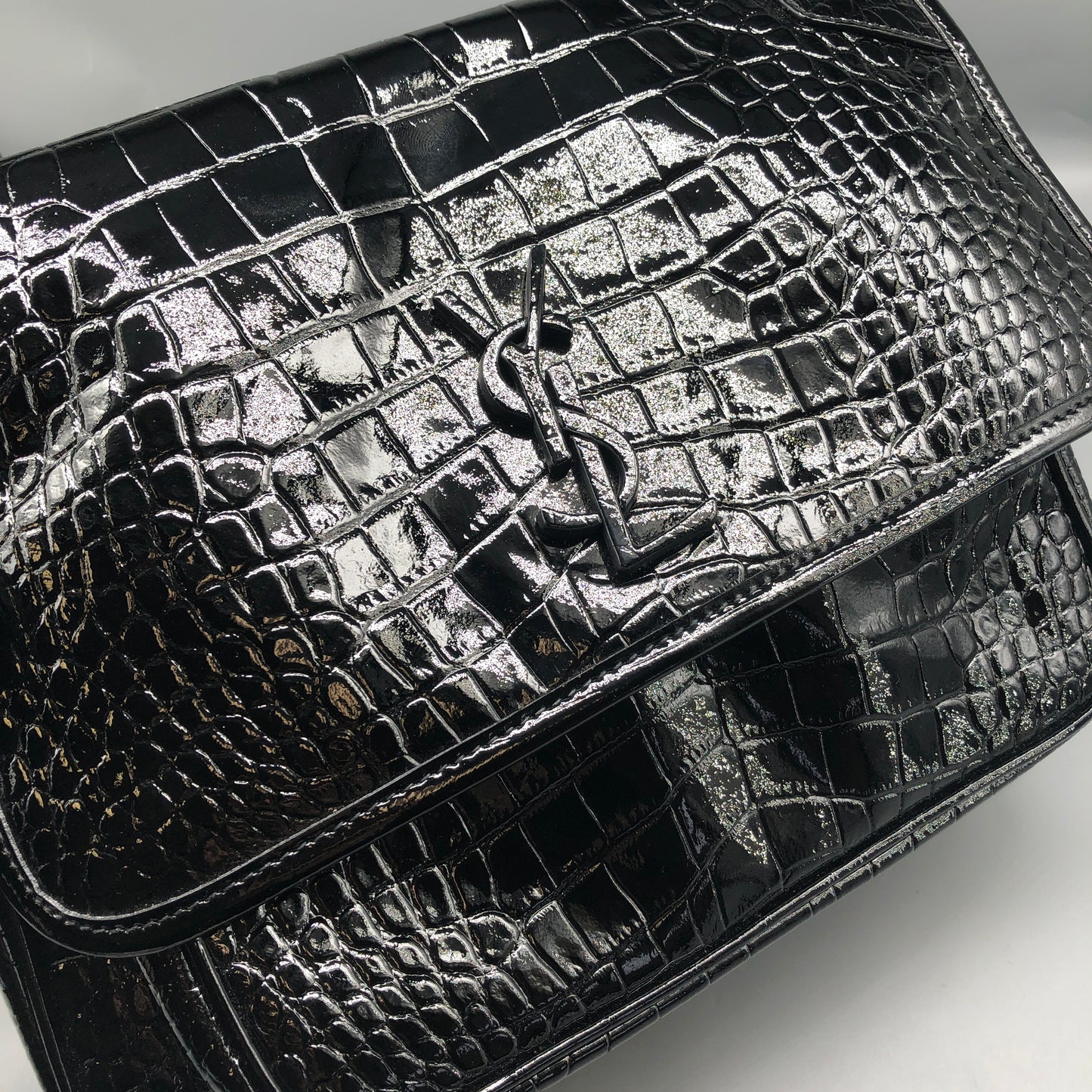 Saint Laurent Patent Crocodile Embossed Medium Niki Chain Satchel Bag