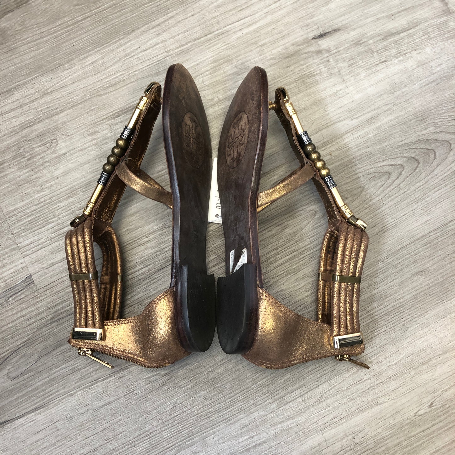 Tory Burch Women's  Embellished T-Strap Flat Sandals 5M Gold/Tan