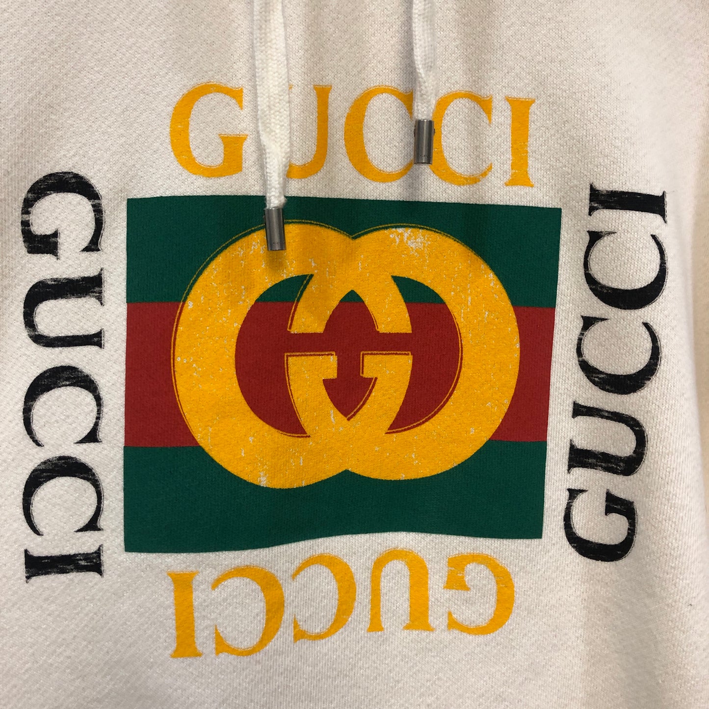 Gucci Interlocking G Logo Distressed Hoodie Size M Cream