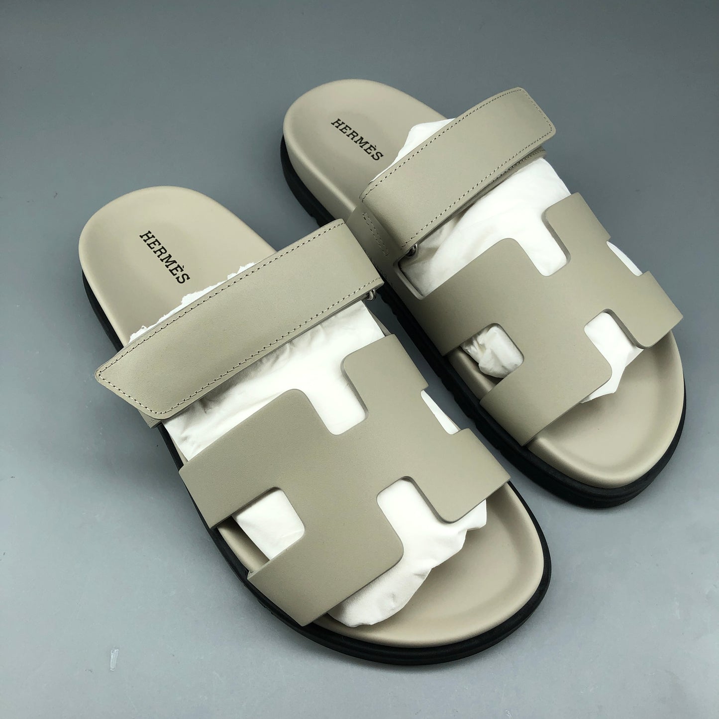 Hermes Chypre Leather Slide Sandals Grey Size 38