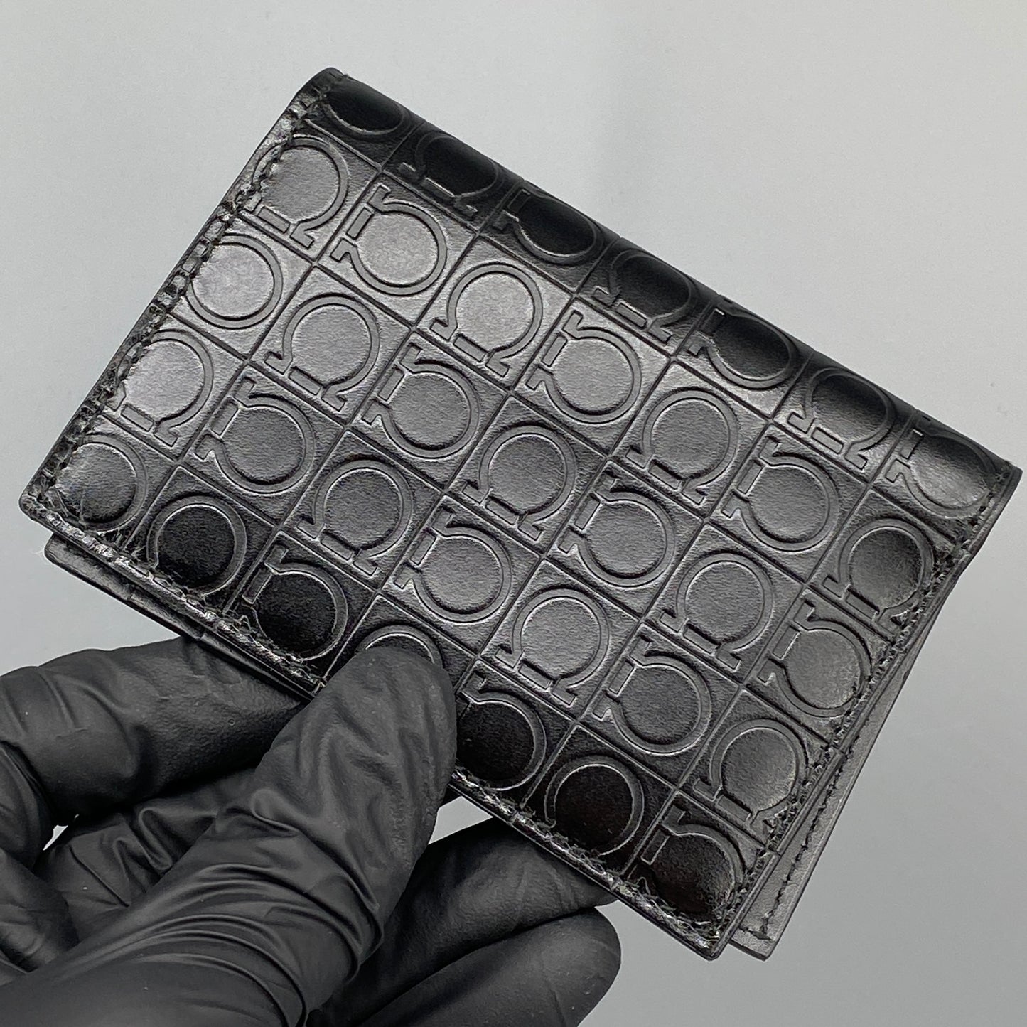 Ferragamo Black Embossed Gancini Bi-fold Card Wallet