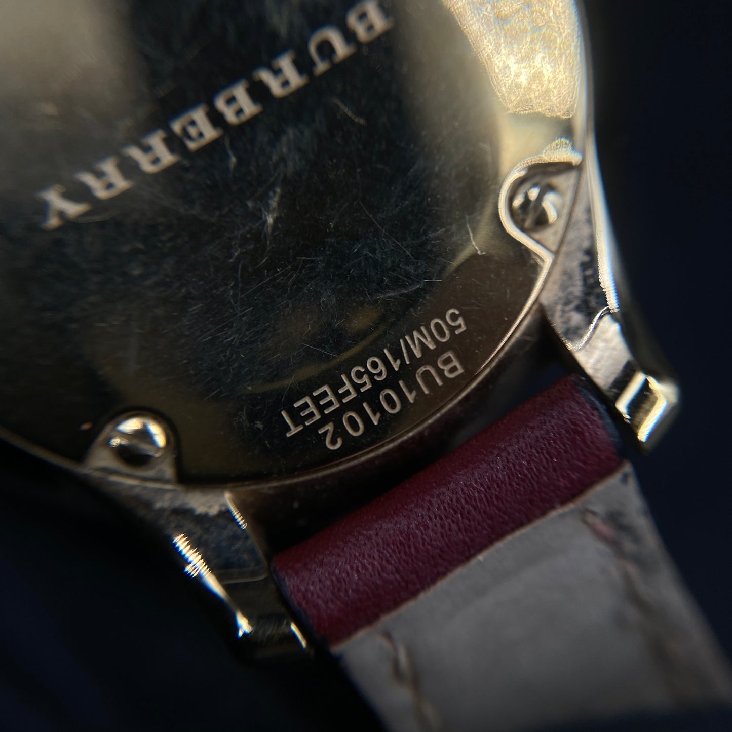 Burberry Gold Case Quartz Watch Dark Red Leather Strap