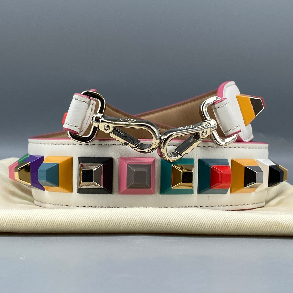 FENDI White Leather and Multicolor Plexiglas Studs Strap You Shoulder Strap