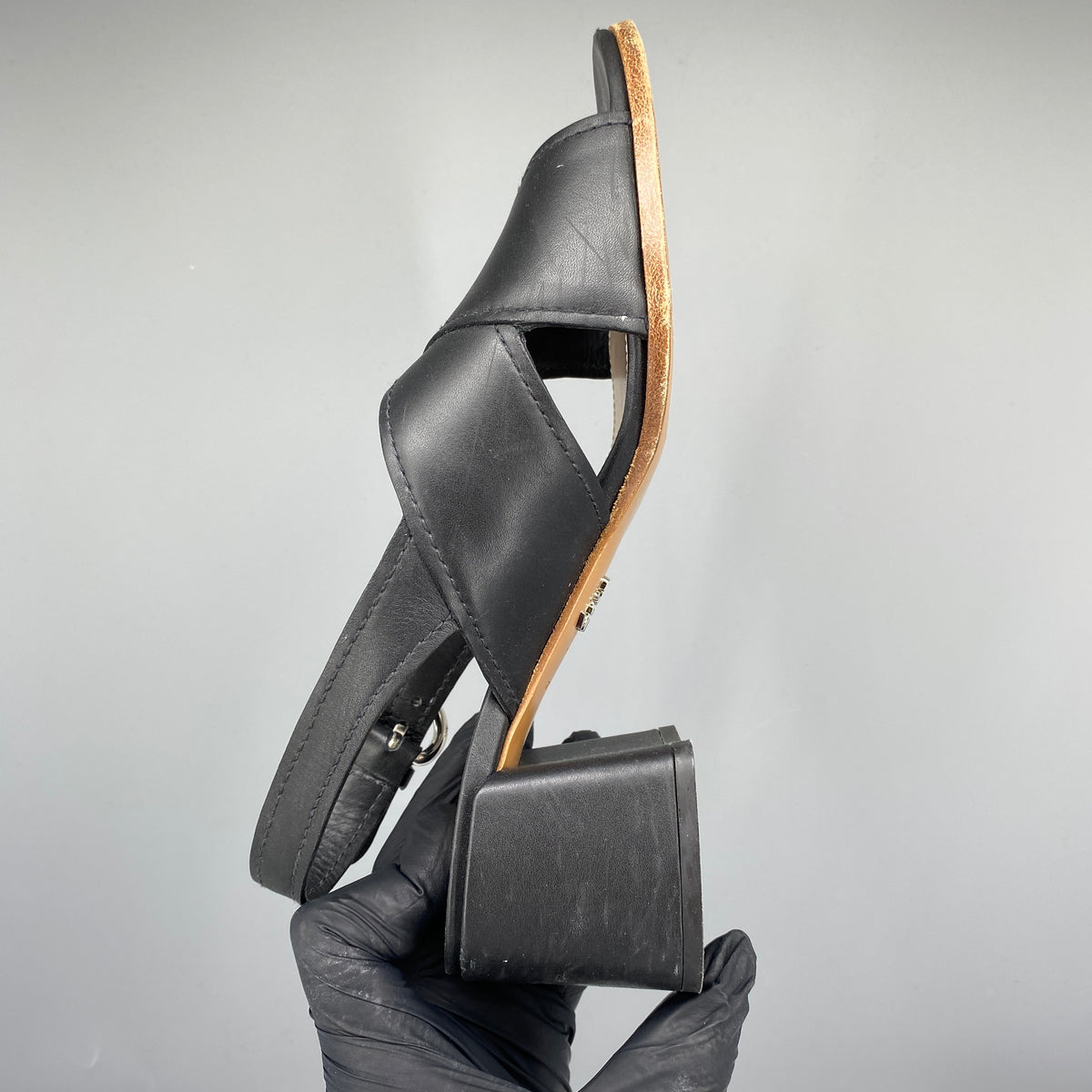 Prada Women's Black Leather Block Heel Slingback Sandal Size 35.5