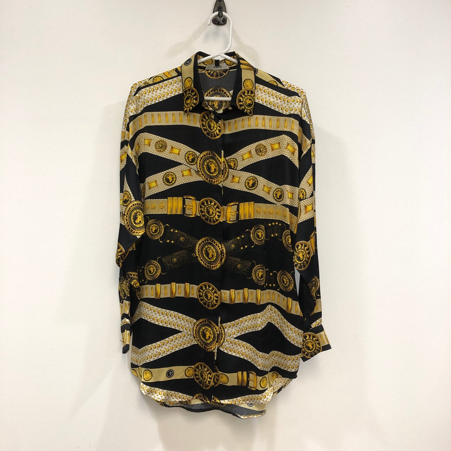 Versus Baroque Gold Belt Print Long Sleeve Shirt Size 40 Black/Gold