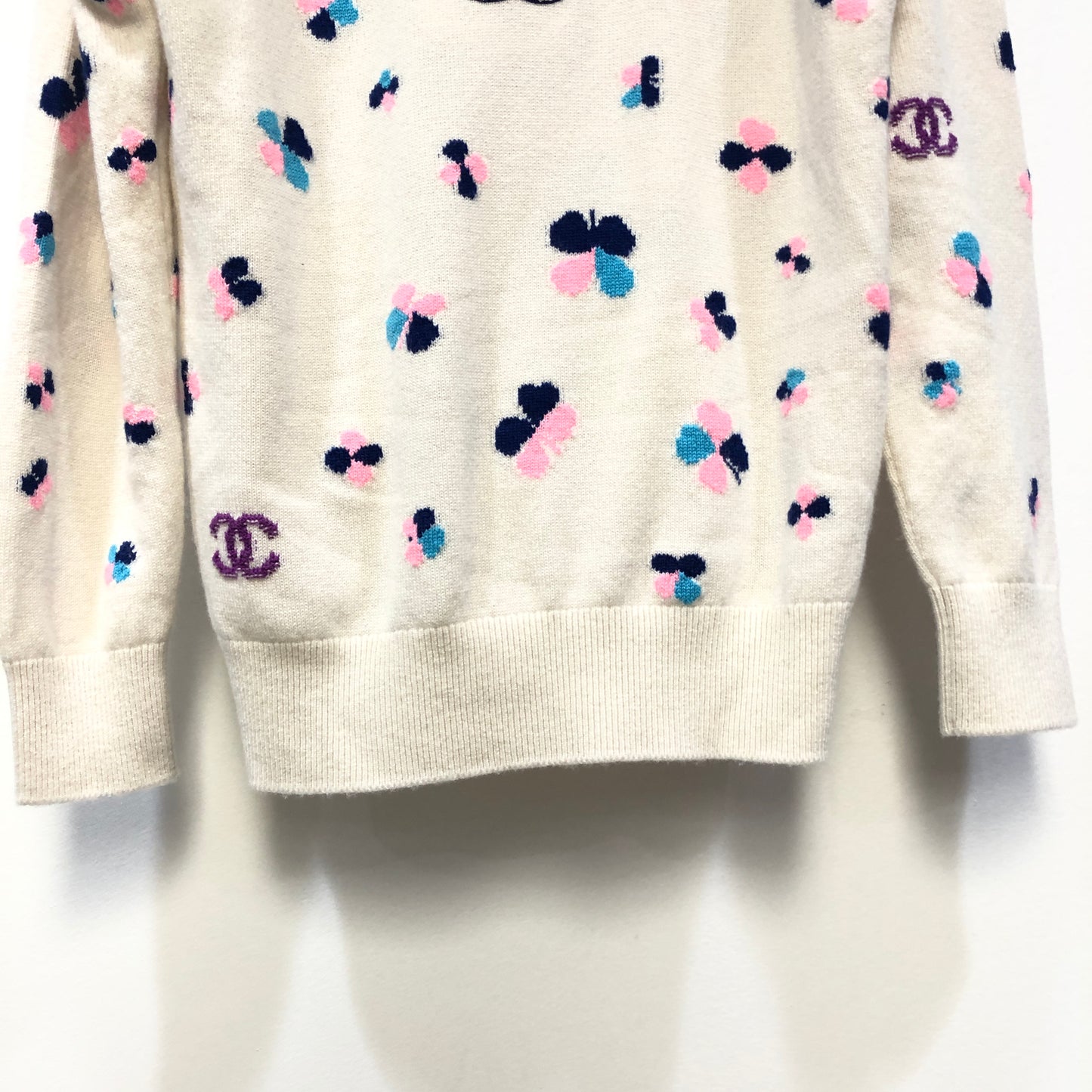 Chanel White Cashmere V-Neck Cardigan Multicolor Polka Dot Print Size 34