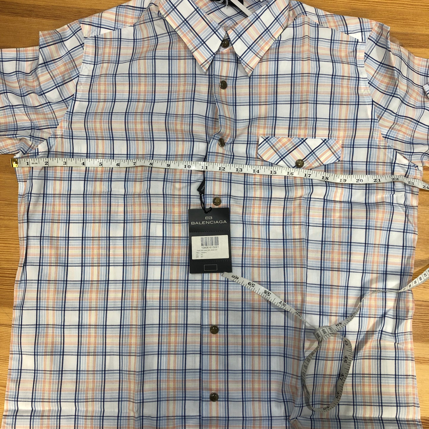 Balenciaga Blue Yellow White Plaid Short Sleeve Button Shirt US Size 6