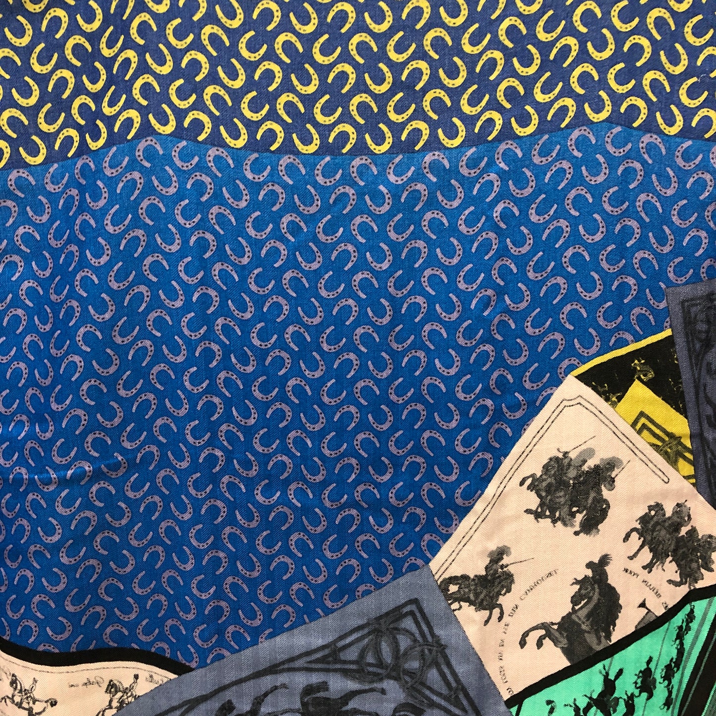 Hermes Horse Print Cashmere Silk Shawl Blue/Yellow/Black/Green 134*134cm
