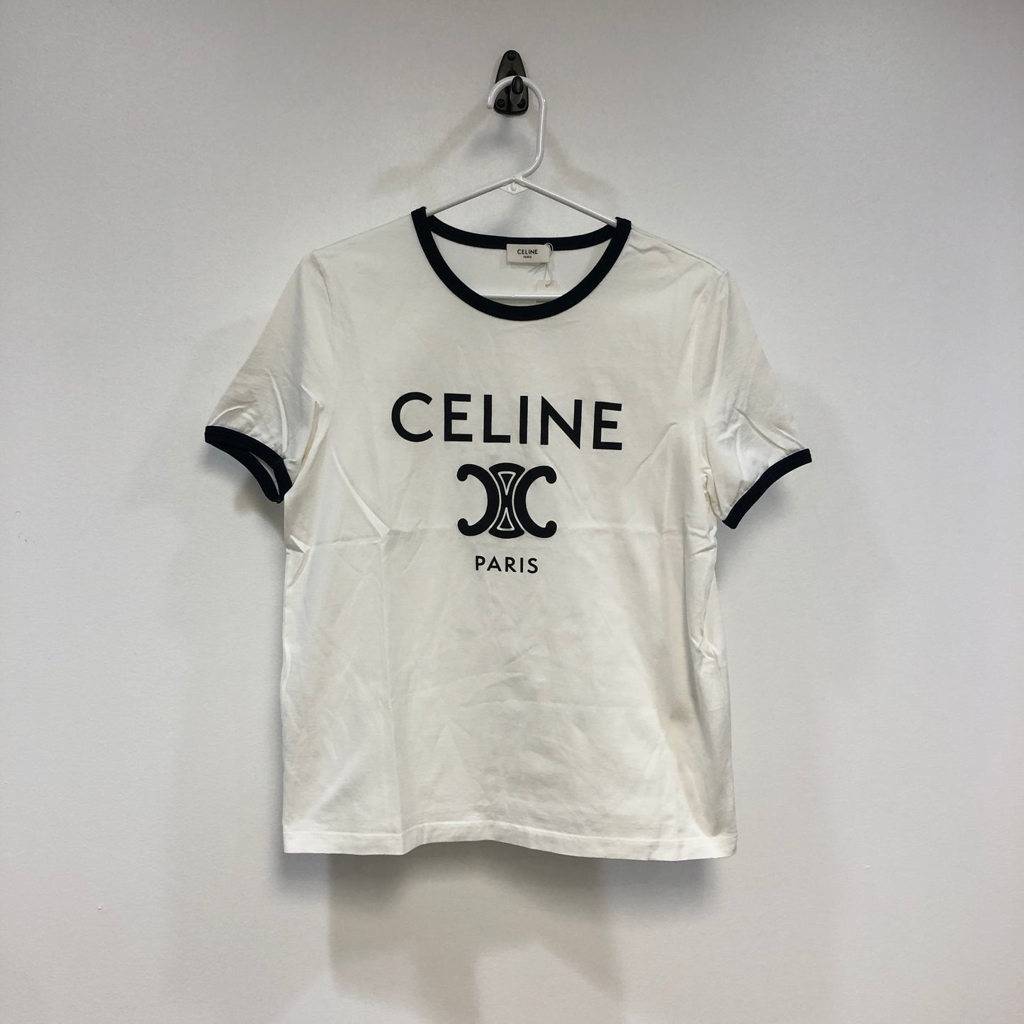 Celine White Triomphe Logo Ringer T-Shirt Size M