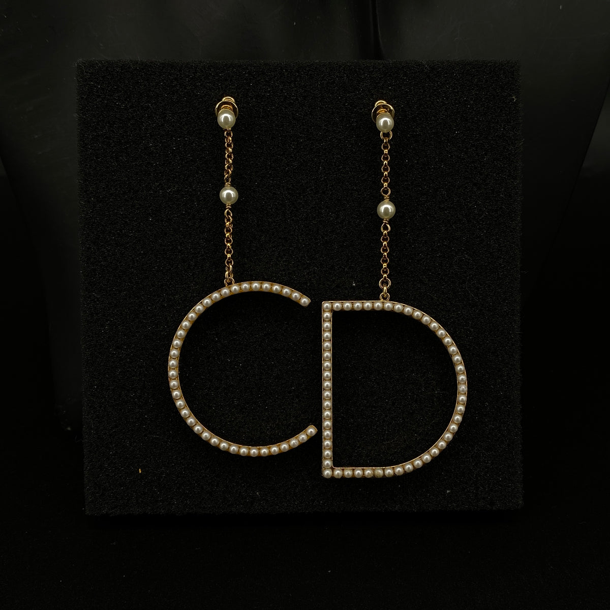 Christian Dior Pearl & Gold Tone CD Drop Earrings